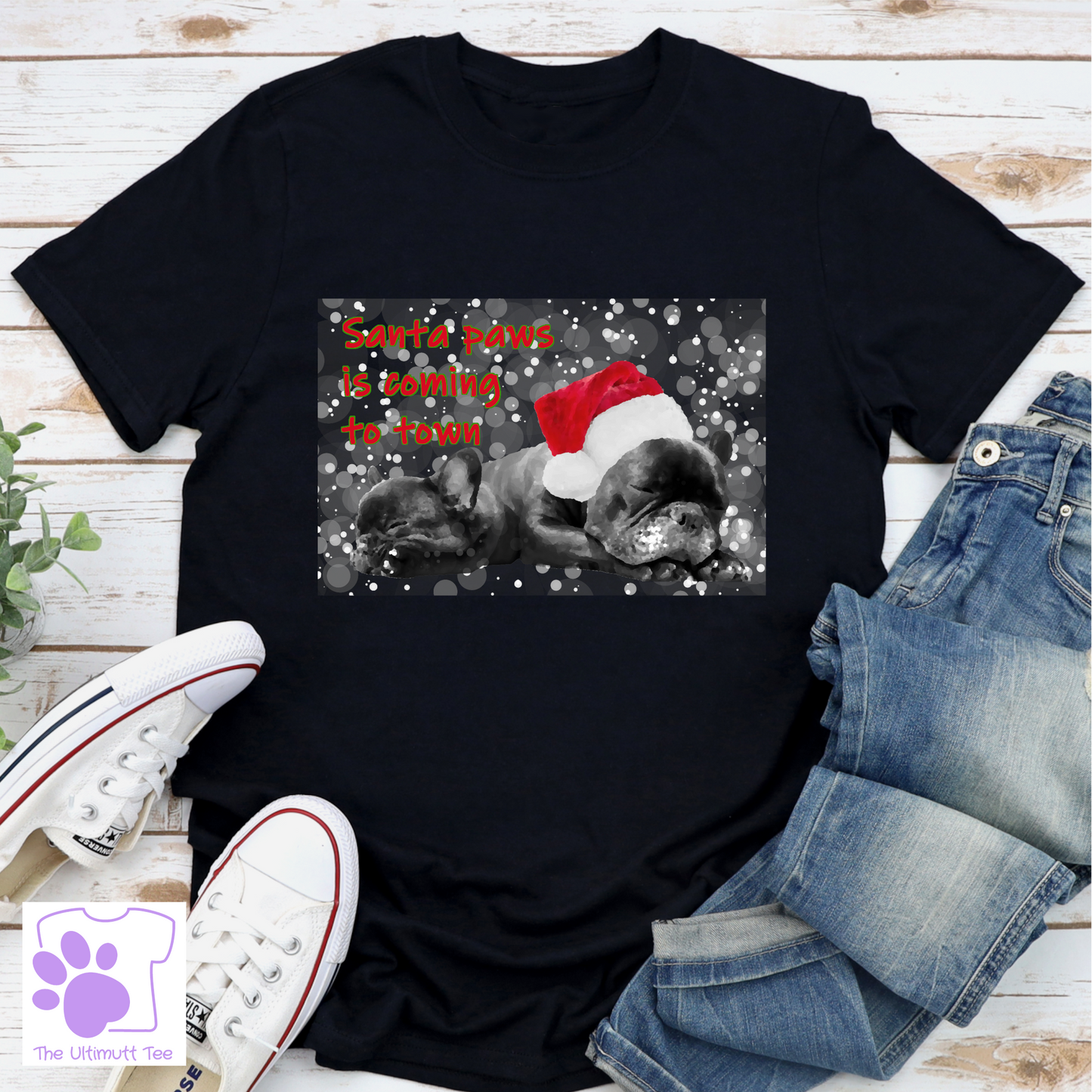 Santa Paws Frenchie Festive Dog Lover T-shirt, Christmas gift.