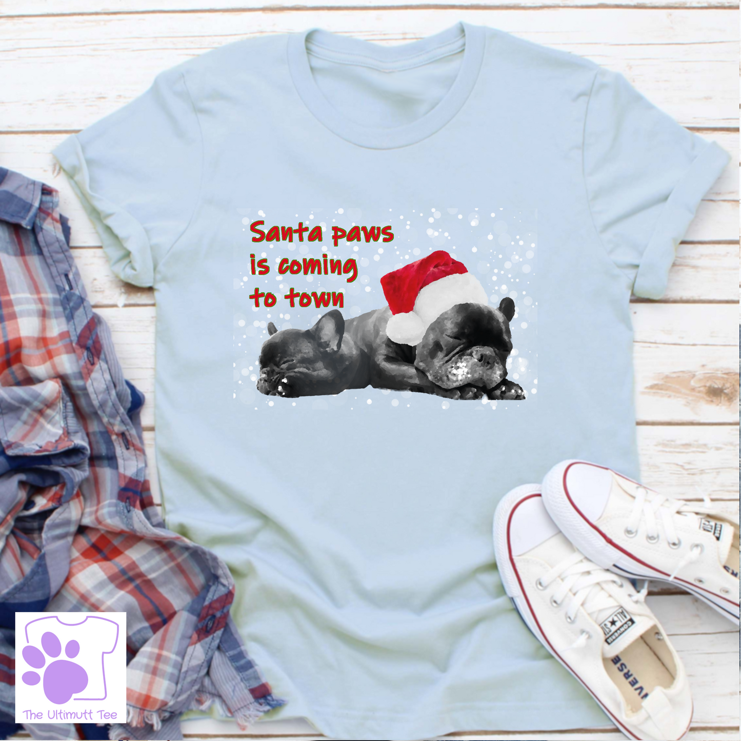 Santa Paws Frenchie Festive Dog Lover T-shirt, Christmas gift.