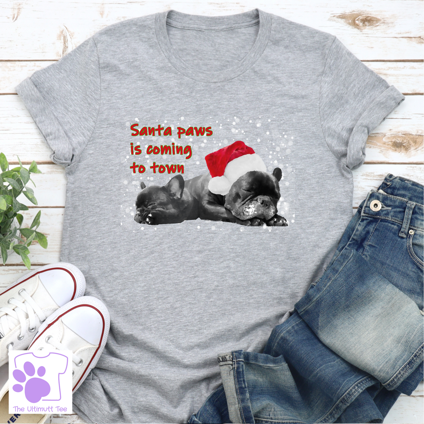 Santa Paws Frenchie Festive Dog Lover T-shirt, Christmas gift.