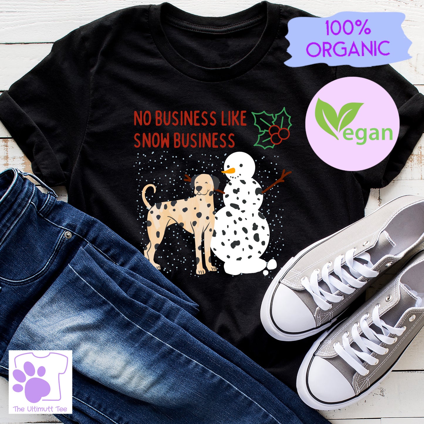 No Business Like Snow Business Dalmatian Snowman Christmas Vegan T shirt