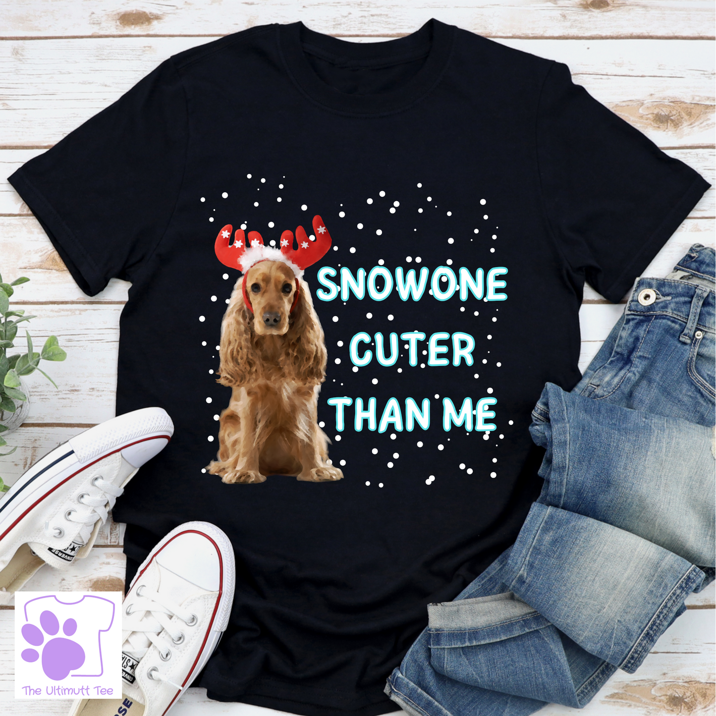 Snowone Cuter Reindeer Spaniel Dog lover T-shirt, Christmas gift.