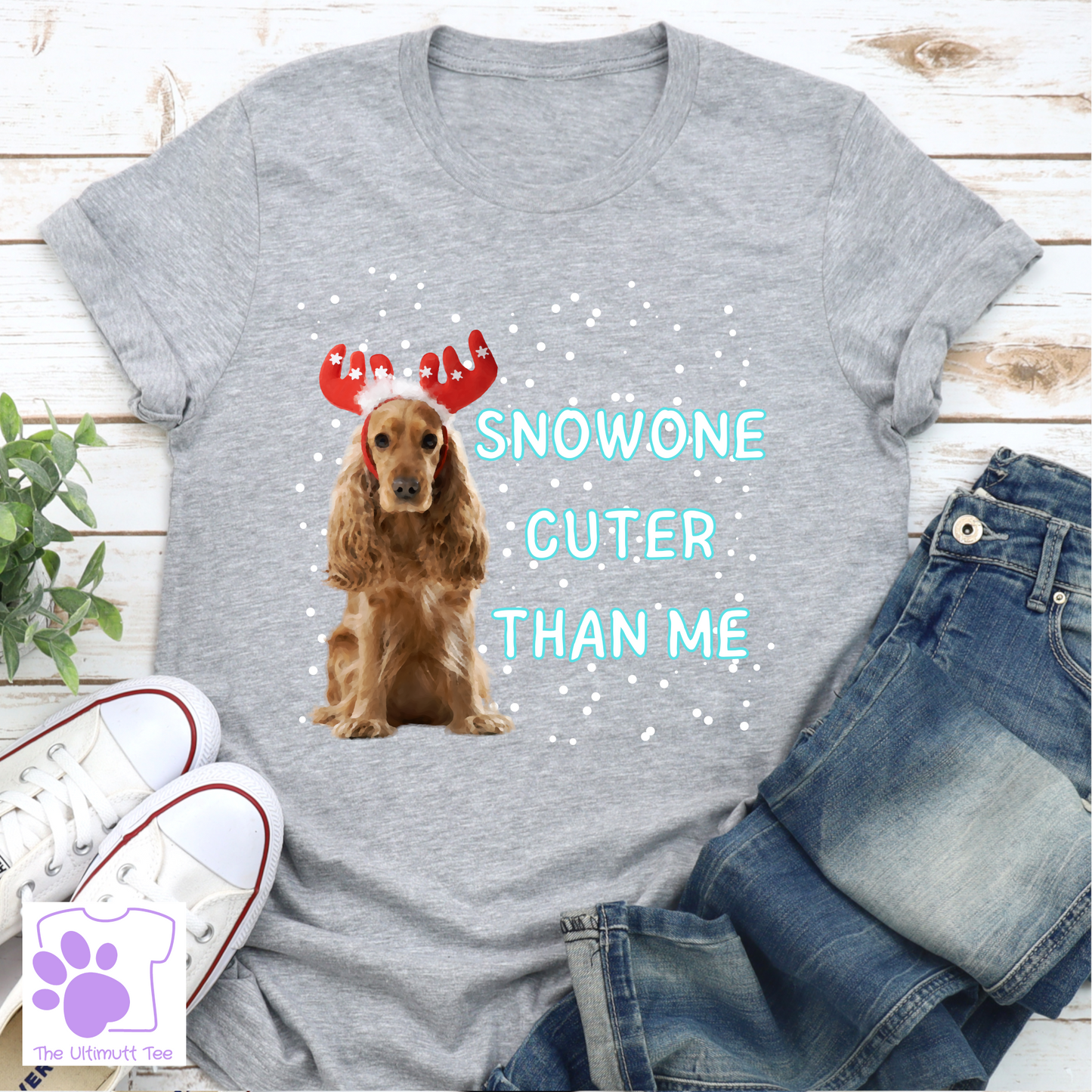 Snowone Cuter Reindeer Spaniel Dog lover T-shirt, Christmas gift.