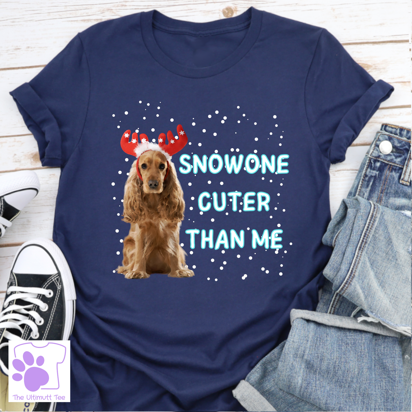 Snowone Cuter Reindeer Spaniel Dog lover T-shirt, Christmas gift.