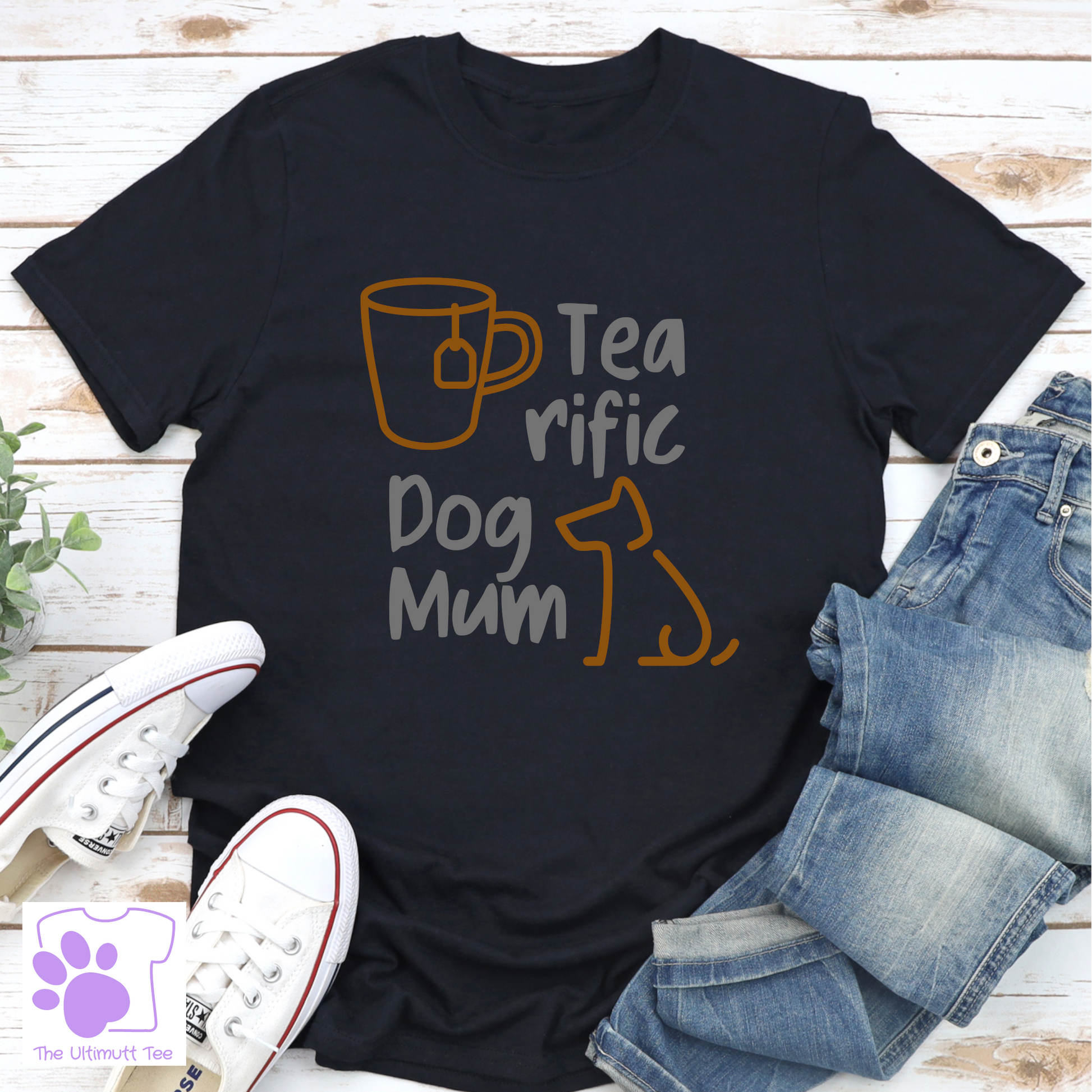 Dog Mum Tshirt Tea Drinker Dog Lover Shirt Tea-rific Dog Mum Outline Art Dog Owner Gift black