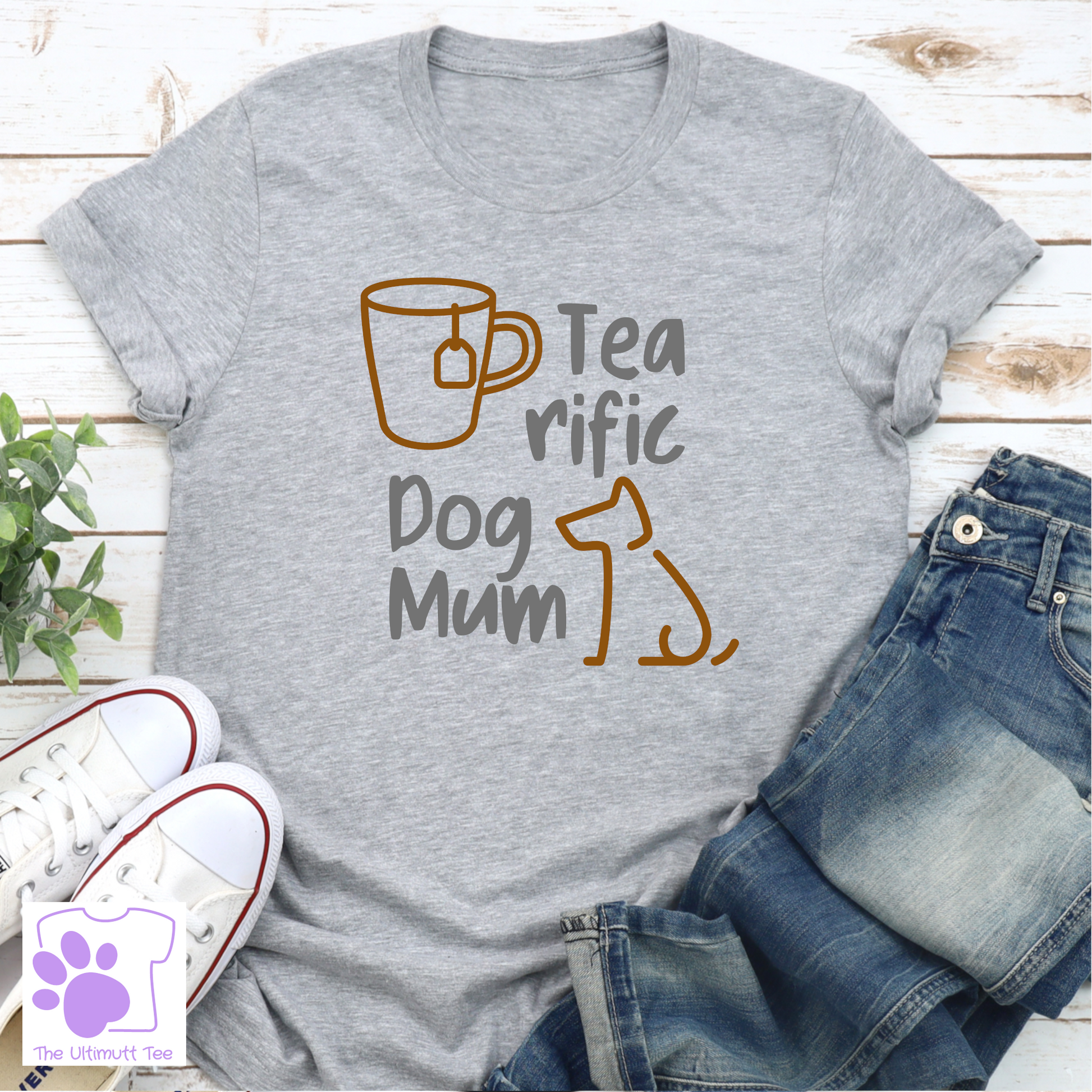 Dog Mum Tshirt Tea Drinker Dog Lover Shirt Tea-rific Dog Mum Outline Art Dog Owner Gift grey