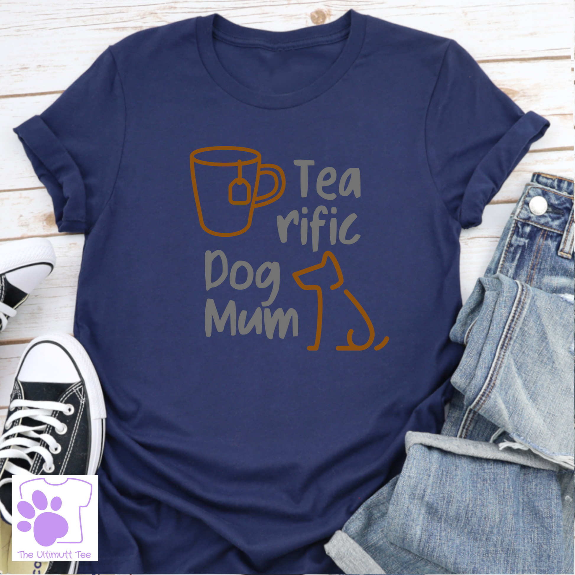 Dog Mum Tshirt Tea Drinker Dog Lover Shirt Tea-rific Dog Mum Outline Art Dog Owner Gift navy