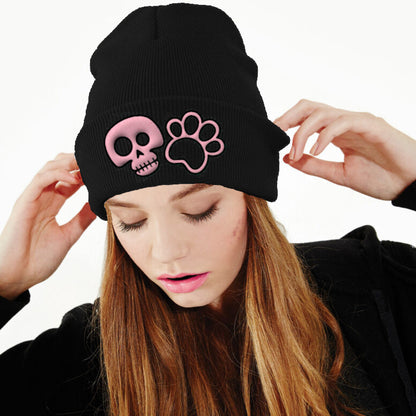 Cute Skull Paw Dog Lover Cuffed Beanie Hat