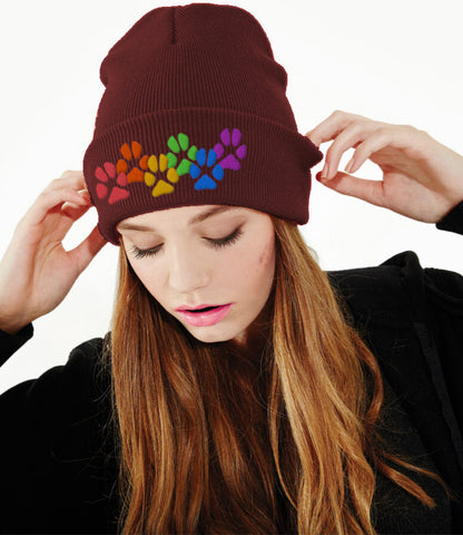 Rainbow Paw Prints Dog Lover Cuffed Beanie Hat