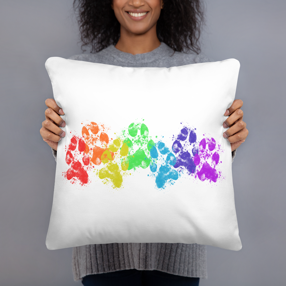 Rainbow Muddy Paw Prints Dog Lover Throw Pillow