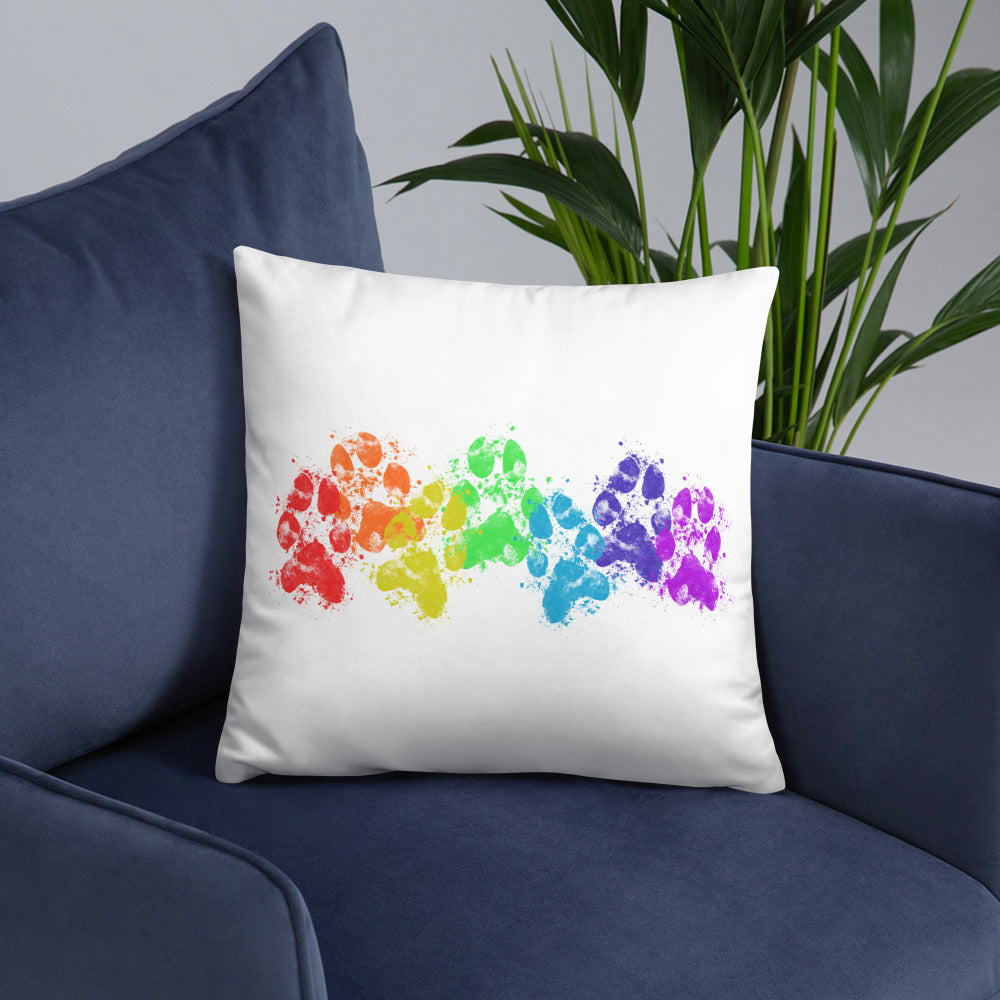 Rainbow Muddy Paw Prints Dog Lover Throw Pillow