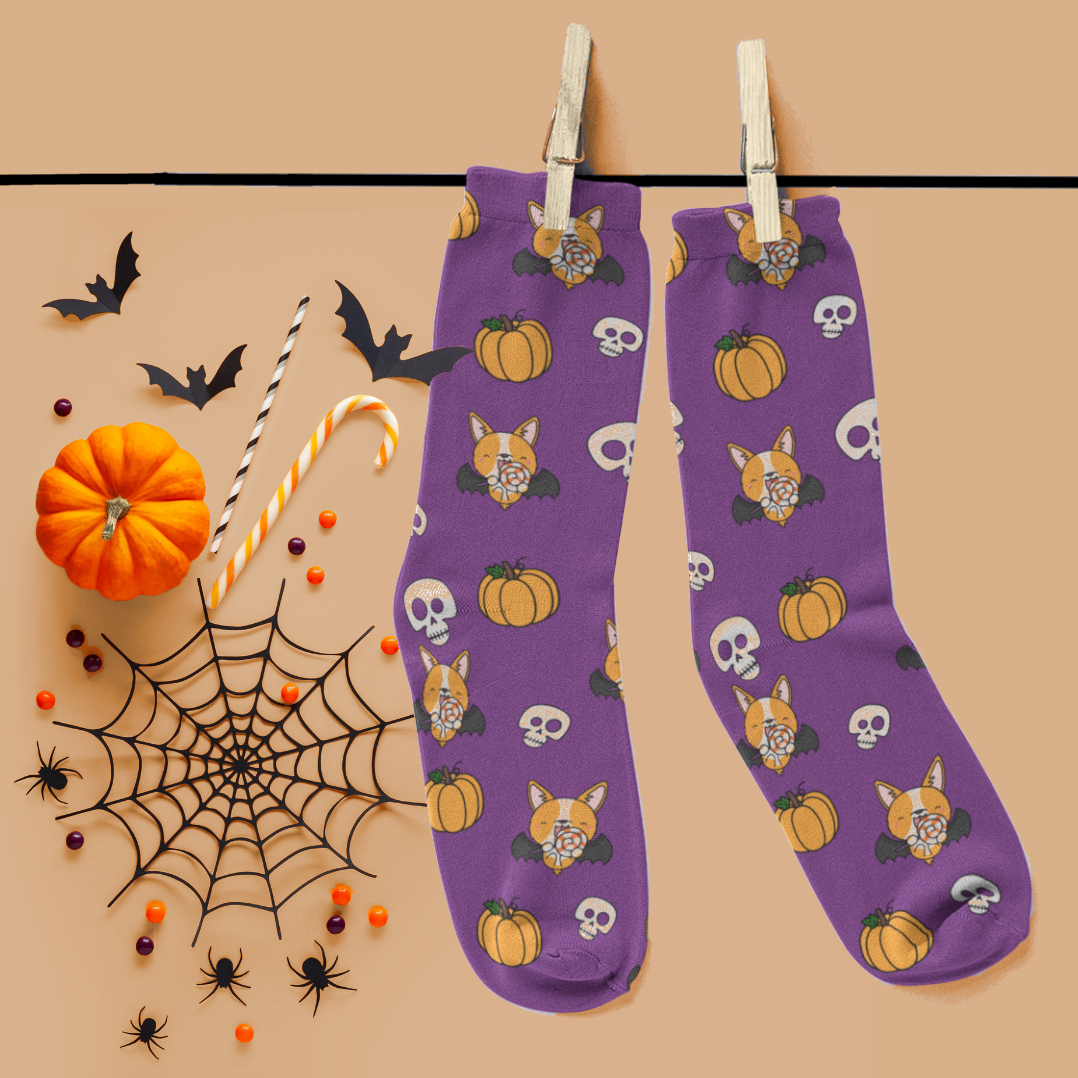 Cute Corgi Halloween Dog Lover Socks Skulls And Pumpkins Socks